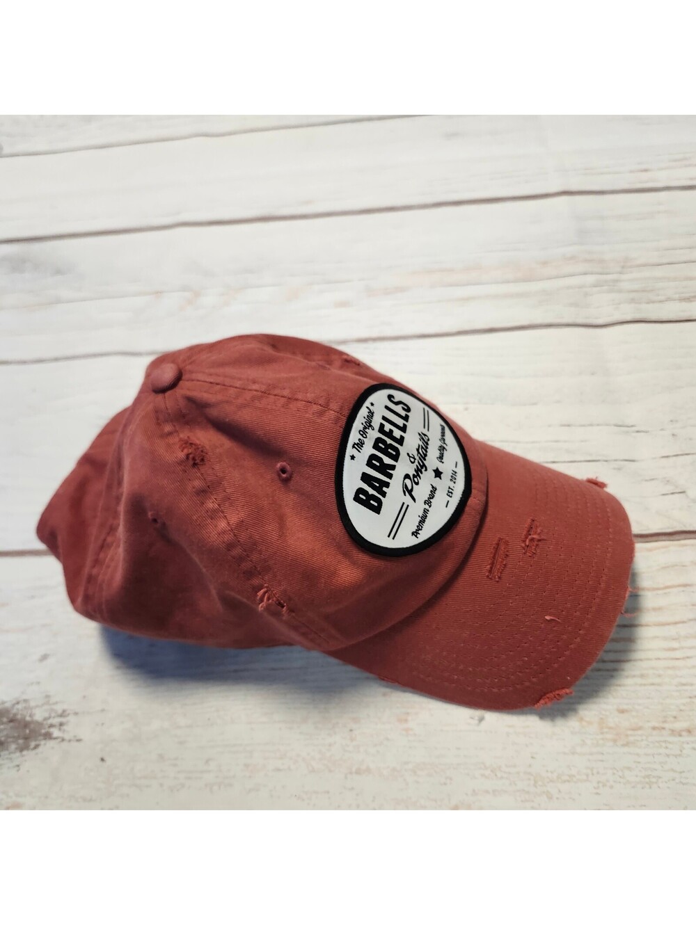 Barbells & Ponytails Distressed Rust Red Baseball Cap Hat